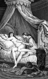 رسم توضيحي لـ "" Les Liaisons Dangereuses "" لـ Choderlos de Laclos. نقش تشارلز مونيه (1732 - 1808): كتب فالمونت رسالة على ظهر إميلي (مومس).