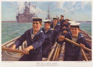 بحارة من سفينة HMS Triumph يجدفون عبر الميناء (صورة حجرية ملونة)