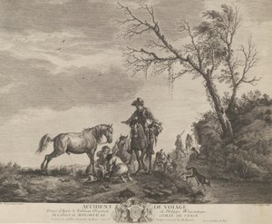 حادث أثناء السفر ، رجل راكع يصلح سرجًا مكسورًا ، حصان يتبول في ... ، 1740-50.