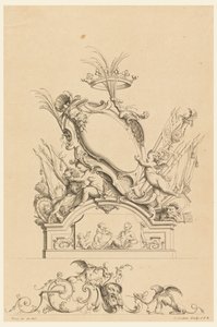 تصميم خرطوش مع تاج ، واثنين من Putti Serving Bacchus ، وأسدين من "Cartouches Nouvellement Inventez"