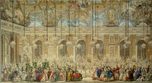 قناع الكرة أو كرة Ifs تُقدم لحفل زفاف لويس دوفين من فرنسا (1729-1765) مع ماري تيريز (ماري تيريز) من إسبانيا في معرض جلاس في فرساي في فبراير 1745 الرسم بالقلم والحبر من قبل تشارلز نيكولاس كوشين لي جون (1715-1790)