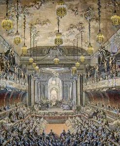 تمثيل كوميديا الباليه "La Princesse de Navarre" في فرساي ، بمناسبة زواج لويس دوفين من فرنسا مع ماري تيريز (ماري تيريز) من إسبانيا (1726-1746) في فرساي في 23 فبراير بواسطة تشارلز نيكولاس الثاني كوتشين