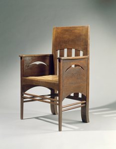 كرسي بذراعين ، تم تصميمه عام 1897 (خشب بلوط بمقعد راش) بواسطة تشارلز ريني ماكينتوش