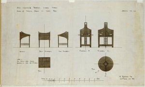 تصميمات مكاتب الكتابة المعروضة في الارتفاعات الأمامية والجانبية لغرف شاي شارع إنجرام ، 1909 بواسطة تشارلز ريني ماكينتوش