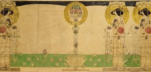 التصميم الأولي للزخرفة الجدارية لغرفة الطابق الأول في قاعة شارع بوكانان في Miss Cranston&39;s ، 18967 (قلم رصاص ومرحاض على ورق استشفاف) بواسطة تشارلز ريني ماكينتوش