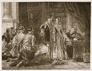 إحجام السيدة جين غراي عن قبول التاج ، سيون هاوس ، 8 يوليو 1553 ، رسم توضيحي من "كنيسة إنجلترا: تاريخ للشعب" بقلم HDM Spence-Jones ، حانة. ج .1910 (صورة بني داكن بواسطة تشارلز روبرت ليزلي