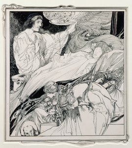 هناك تكمن ، وتبدو جميلة جدًا ، صورة توضيحية من Briar Rose ، حوليات Fairyland - عهد الملك Herla ، حانة. بواسطة JM Dent & Co. Ltd.، 1900 بواسطة تشارلز روبنسون