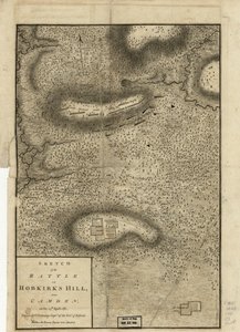 رسم تخطيطي لمعركة Hobkirks Hill ، بالقرب من Camden ، في 25 أبريل 1781 ، نشر في لندن ، 1794 بواسطة تشارلز فالانسي