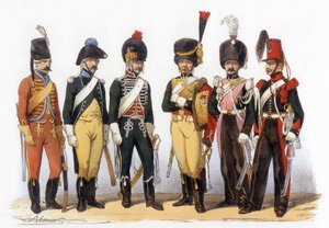 أزياء الجيش الفرنسي: Lancers gd: 1745 File Hunter (تحت قيادة لويس الخامس عشر)؛ 1785 في عهد لويس السادس عشر؛ 1794 جمهورية؛ 1810 الحرس الإمبراطوري (الإمبراطورية الأولى)؛ 1824 الحرس الملكي (ترميم)؛ 1840، رسم تشارلز فيرنييه (1831-1887).