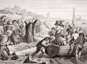 رحيل آباء الحاج من دلفت هافن في يوليو 1620 ، من مجلد "الرسوم التوضيحية الإنجليزية والتاريخ الاسكتلندي" المجلد الأول (النقش) بواسطة تشارلز ويست كوب
