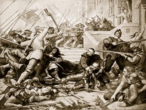 الدفاع عن باسينغ هاوس ، 1645 ، رسم توضيحي من "قصة هتشنسون عن الأمة البريطانية" ، ج .1923 بواسطة تشارلز ويست كوب