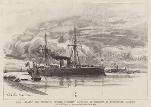 تم إطلاق HMS Blake ، الطراد المحمي مؤخرًا في Chatham ، في ميناء بورتسموث بواسطة تشارلز ويليام ويلي