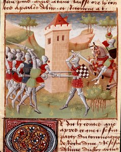 فرسان القتال Lancelot du Lac Miniature مأخوذة من "" Roman du Chevalier Tristan "للمعلم Charles de Maine (نسخة Beroul). 1440-1460. شانتيلي ، متحف كوندي بواسطة تشارلز دو مين ماستر