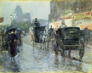 سيارات الأجرة التي تجرها الخيول في المساء ، نيويورك ، حوالي 1890 (ألوان مائية وغواش على ورق) بواسطة تشايلد فريدريك حسام