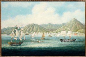 منظر فيكتوريا ، هونج كونج مع السفن البريطانية وسفن أخرى ، ج .1850 بواسطة المدرسة الصينية