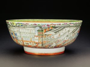 وعاء ، مزين بلوحة الماندرين مع مشهد من هونغ في كانتون ، فترة Quianlong ، c.1770 (الخزف) (انظر 205912)