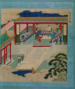 الإمبراطور هوى تسونغ (حكم 1100-26) يشارك في مهرجان يشرب فيه من فنجان مصنوع من الأحجار الكريمة ، من تاريخ الأباطرة الصينيين (اللون على الحرير) بواسطة المدرسة الصينية