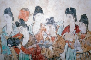 تقديم هدايا ، لوحة جدارية من قبر وو تسي تيان ، مقابر شين ، أسرة تانغ ، الصين ، شان شي ، القرن الثامن بواسطة المدرسة الصينية