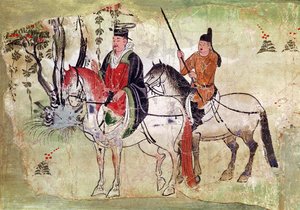 اثنين من الفرسان في المناظر الطبيعية أو ، The Boddhisatva و Equerry ، فترة تانغ (حجر مطلي) بواسطة المدرسة الصينية