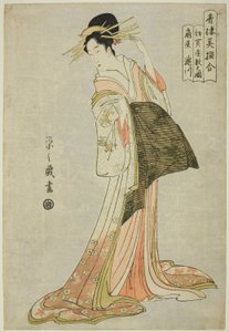 Takigawa من Ogiya في أول بيع للعام الجديد (Hatsu uri zashiki no zu) ، من سلسلة "مقارنة بين الجمال المختار لأحياء المتعة (Seiro bisen awase)" بواسطة تشوبونساي إيسي