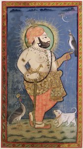 ماهارانا بهيم سينغ من ميوار مع صقر ، أودايبور (ميوار) راجستان ، c.1805 (الغواش بالذهب على القماش) بواسطة Chokha