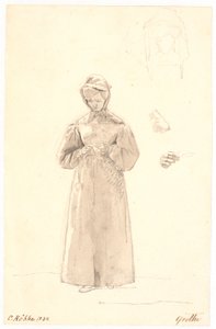 دراسة لأخت الفنانة سيسيلي مارغريت ، رسمين تخطيطيين لرأسها بالإضافة إلى رسم تخطيطي لعنقها وكتفها ويدها اليمنى بواسطة كريستين كوبكي