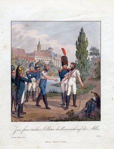 "مبارزة جنديين فرنسيين" "لوحة مائية لكريستيان جوتفريد هاينريش جيسلر (1770-1844) 1808 مجموعة خاصة