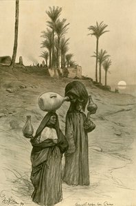نساء يحملن أواني الماء على ضفاف النيل ، القاهرة ، مصر ، 1898. بواسطة كريستيان فيلهلم أليرز