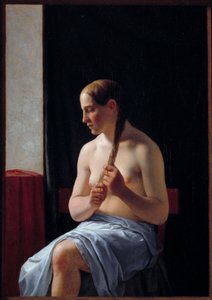 نموذج الجلوس العاري. صورة لامرأة تجدل شعرها (جديلة). لوحة كريستوفر فيلهلم إكرسبيرغ (1783-1853)