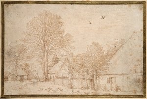 Thatched buildings, almost bare trees and a flock of geese (pen & ink on paper) بواسطة Kosma Sergeevich Petrov Vodkin