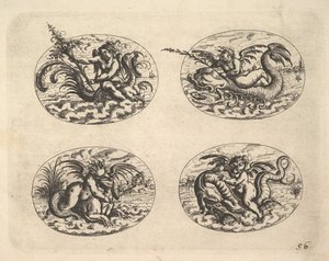أربعة أشكال بيضاوية مع Genii ، لوحات من Neue Grotessken Buch ، 1610. بواسطة كريستوف جامنيتسر