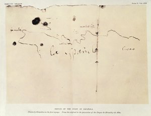 رسم تخطيطي لساحل إسبانيولا ، رسمه كولومبوس في الرحلة الأولى ، من الأصل بحوزة Duque de Berwick y de Alba ، 1492 (حبر على ورق)