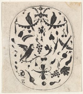طباعة بالأسود البيضاوي مع الطيور والحشرات والفواكه ، كاليفورنيا. 1620.
