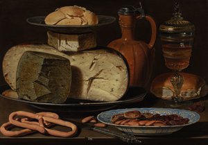 الحياة الساكنة مع الجبن واللوز والمعجنات ، ج .1615 بواسطة شارلوت إيفانز