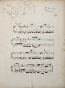 صفحة من أول دليل مصحح لـ "La damoiselle elue" ، حوالي 1887 - 88 بواسطة كلود ديبوسي