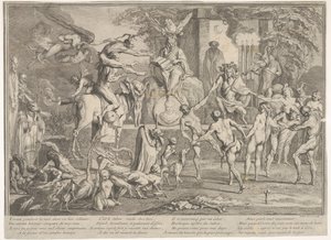 السحرة السبت ، ضمن مشهد ليلي ، مستحضر الأرواح يجلس في المركز العلوي ... ، كاليفورنيا. 1700-1720. بواسطة كلود جيلو