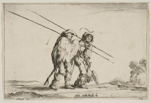 اللوحة 13: رجلان يمشيان في اتجاه اليمين ، كلٌ منهما يحمل يده اليمنى ... ، 1642. بواسطة كلود جويراند