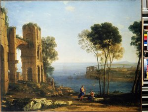 إطلالة على الساحل مع أبولو و Cumaean Sibyl. لوحة لكلود جيلي المعروف باسم كلود لو لورين (1600-1682)