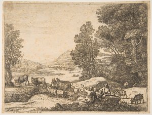 الراعي والراعية يتحدثان في منظر طبيعي ، كاليفورنيا. 1651. بواسطة كلود لورين