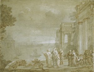 منظر لقرطاج مع ديدو وأينيس ، 1676 (قلم وحبر مع غسل وطباشير ، مرتفع باللون الأبيض على الورق) بواسطة كلود لورين
