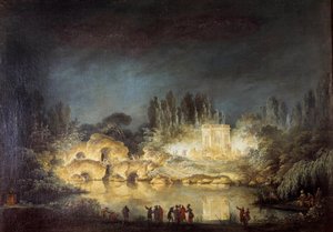 إضاءة جناح Belvedere في حدائق Peer Trianon في فرساي خلال العيد الذي أقامته الملكة ماري أنطوانيت على شرف شقيقها جوزيف الثاني (1741-1790) في أغسطس 1781. لوحة لكلود لويس شاتليه (1753-1794)