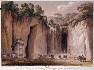 منظر لكهف Pausilippe (Posillipo) (أو "Grotta Vecchia") بالقرب من نابولي. الرسم بواسطة Chatelet