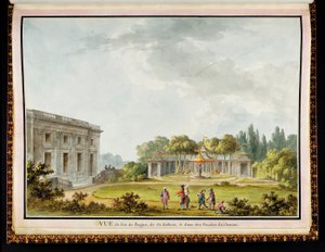 "Vue de Jeu de Bague، de Sa Gallerie، & d" une des Façades du Chateau "من قصر الملكة وحدائق في Petit Trianon: ألبوم فخم للرسومات والخطط الأصلية بتكليف من ماري أنطوانيت ، من قبل المهندس المعماري ريتشارد ميك