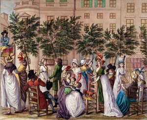 أزياء تحت إدارة مجلس الإدارة: "Le petit Coblenz" ، شارع التنزه Boulevard des Italians في باريس. الطباعة الحجرية لكلود لويس ديسريس (1746-1816) 1798. باريس ، متحف كارنافالي بواسطة كلود لويس Desrais