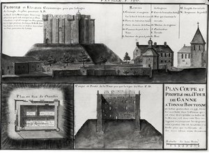 الورقة. ١٠٦ المقطع العرضي والرسم الجانبي لسباق Tour de Ganne في Tonnay Boutonne ، من Recueil des Plans de Saintonge (قلم وحبر ومرحاض على ورق) بواسطة كلود ماسي