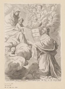 يقدم Armand-Jean du Plessis Duke of Richelieu كتابًا لمريم والطفل صفحة العنوان لـ: Armand-Jean du Plessis Duke of Richelieu، Traité de la perfection du chrétien بواسطة أنطوان فيتري