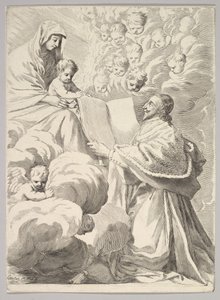الكاردينال ريشيليو ، راكع ، يقدم كتابه إلى العذراء والطفل ، كاليفورنيا. 1646. بواسطة كلود ميلان