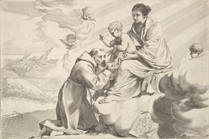 القديس فرنسيس الأسيزي يعبد الطفل المسيح في حضن العذارى. بواسطة كلود ميلان