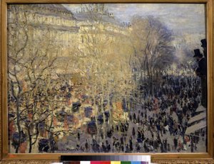 "" Le boulevard des Capucines "" حشد من المارة وحركة المرور في منطقة الأوبرا في باريس. لوحة لكلود مونيه (1840-1926). زيت على قماش. انطباعية. 1873. خافت 61x80 سم ، متحف بوشكين ، موسكو بواسطة كلود مونيه