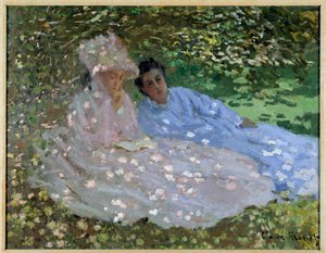 السيدة مونيه وصديقة في الحديقة. امرأتان تجلسان في ظل شجرة. لوحة لكلود مونيه (1840-1926) بواسطة كلود مونيه